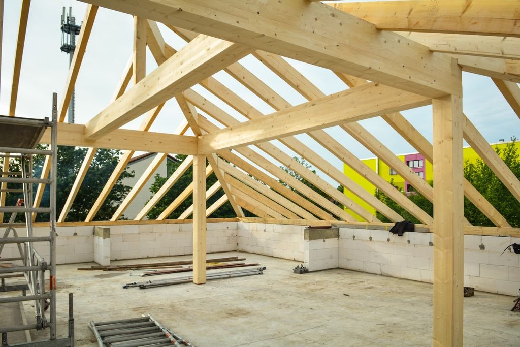 Wooden roof framing at a building site